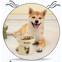 画像をギャラリービューアに読み込む, ペットの写真入り 餌入れ|犬・猫 オリジナル似顔絵と名入れ 耳型のフードボウル|高さを出した 用食器