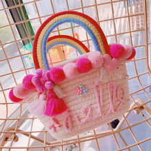 画像をギャラリービューアに読み込む, 子供/大人用のストローハット 手作り ピンク 編みかごバッグ 親子旅行の必需品 おしゃれ