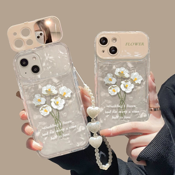iPhoneケース ストラップ付き 花 シンプル 高級感 スタンド機能 ミラー