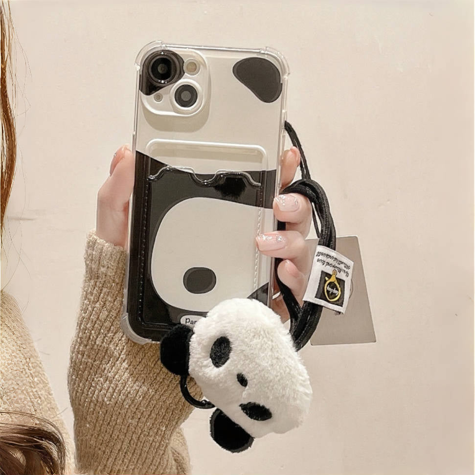 iPhoneケース　ストラップ付き　カード収納　スマホケース　もふもふ　パンダ　かわいい