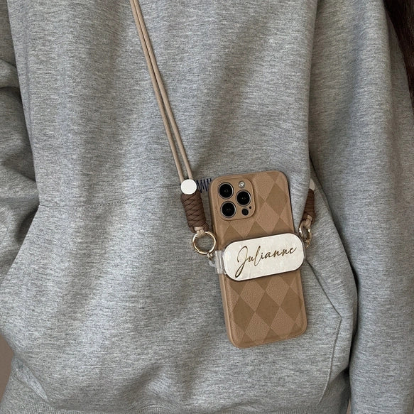 iPhoneケース　名入れ　ショルダー　名前入り　ダイヤモンド柄　オリジナルスマホケース　カスタム　ストラップ付き