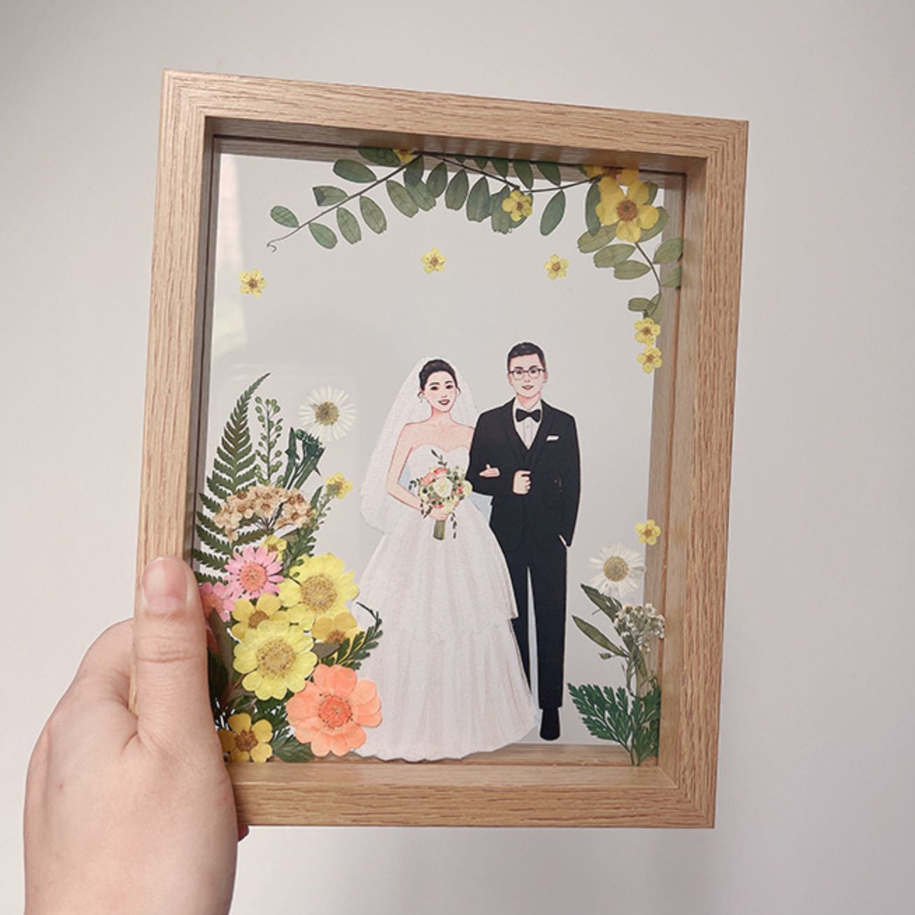 写真から手描きイラストに ドライフラワーフレーム 押し花｜結婚祝い