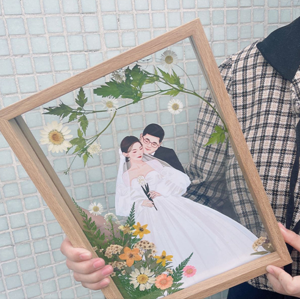 写真から手描きイラストに ドライフラワーフレーム 押し花｜結婚祝い
