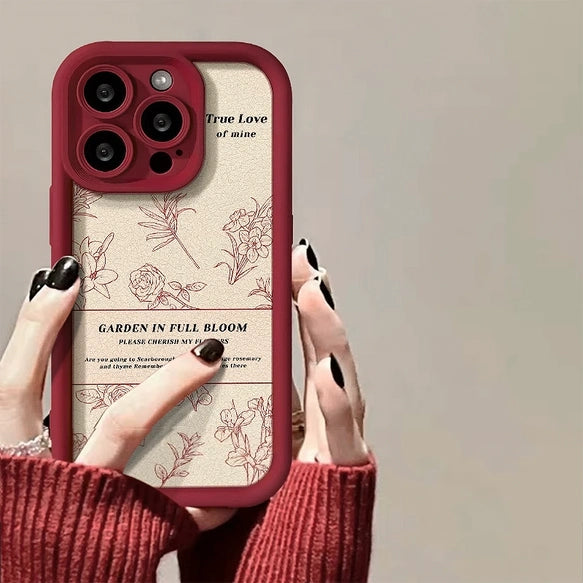 iPhoneケース　山茶花　スマホケース　レトロ　スケッチ風