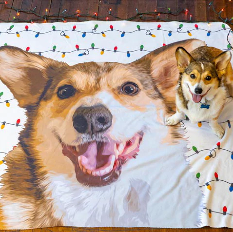 ペットの写真から似顔絵で作る　オリジナルブランケット｜犬・猫　名入れ　毛布｜カスタム　膝掛け　イルミネーション